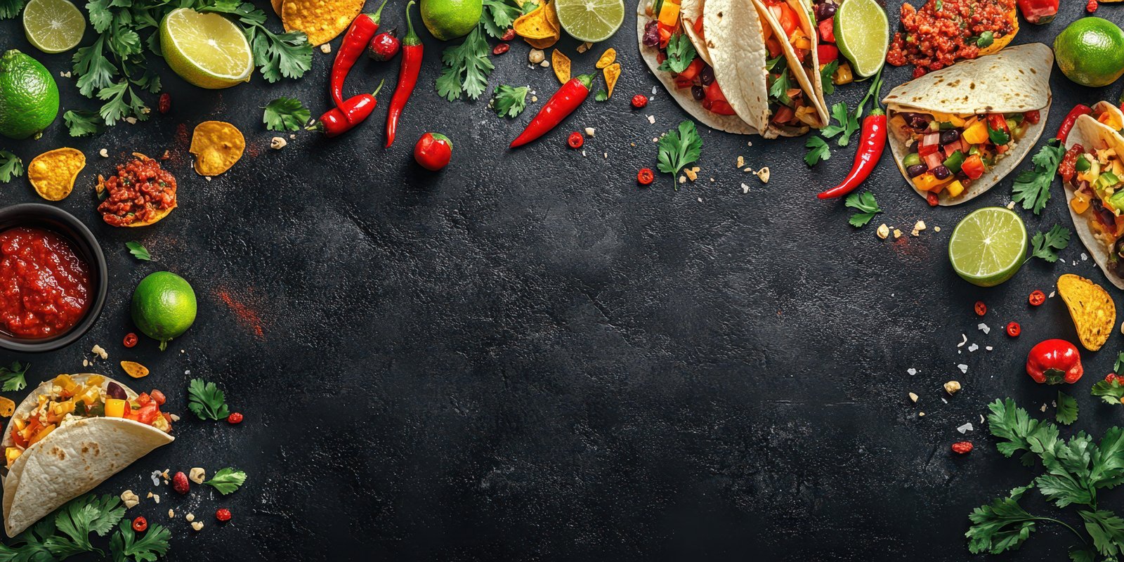 Colorful spread of tacos, salsa, and fresh ingredients on a dark countertop inviting a festive meal
